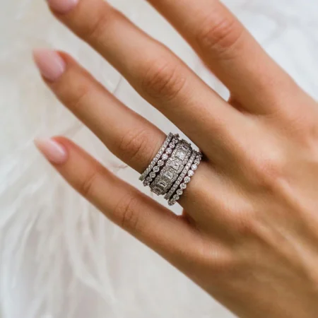 Smaragdschliff Diamantweiß 5-Piece 925er Sterlingsilber Ringband Ring-Set