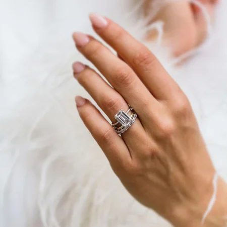Smaragdschliff Diamantweiß Solitär 3-teilige 925er Sterlingsilber Ring-Set
