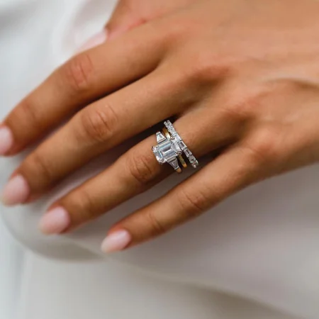 Smaragdschliff 3-Steine Diamantweiß 925er Sterlingsilber 3-teilige Ring-Set
