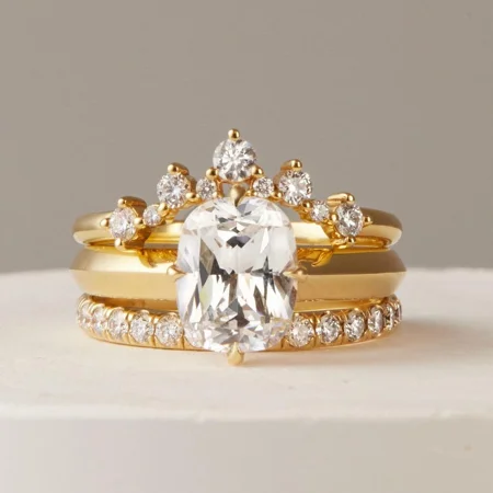 Radiantschliff Diamantweiß 925er Sterlingsilber Solitär 3-teilige Gelbgold Ring-Set