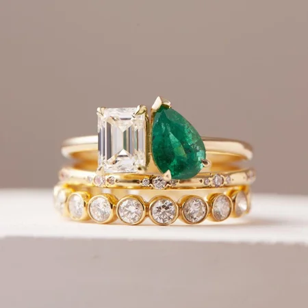 Smaragdschliff Diamantweiß Tropfenschliff Smaragdgrün 925er Sterlingsilber Gelbgold 3-teilige Ring-Set