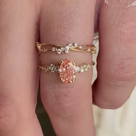 Ovalschnitt Zartrosa 925er Sterlingsilber Gelbgold Art-Déco Ring-Set