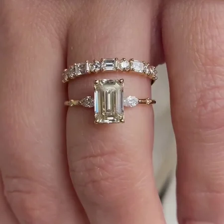 Smaragdschliff Diamantweiß 925er Sterlingsilber Gelbgold 3-Steine Ring-Set