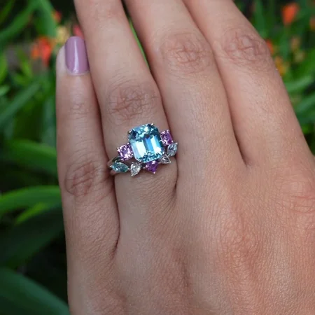 Smaragdschliff Aquamarine 925er Sterlingsilber 3-Steine Ring-Set