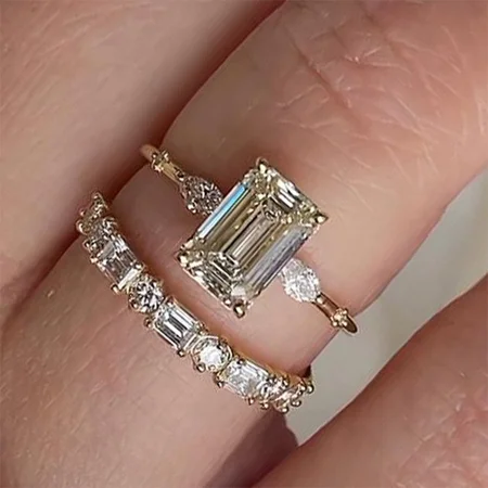 Smaragdschliff Diamantweiß 925er Sterlingsilber Gelbgold 3-Steine Ring-Set