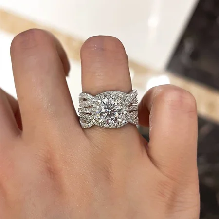 Rundschliff Diamantweiß 925er Sterlingsilber Einlege Halo Ring-Set