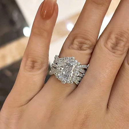 Radiantschliff Diamantweiß 925er Sterlingsilber Einlege Halo Ring-Set