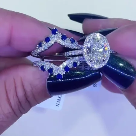 Ovalschnitt Diamantweiß Saphirblau 925er Sterlingsilber Einlege Halo Trauring-Set