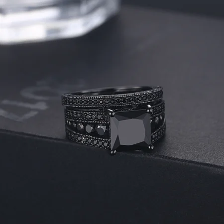 Tiefschwarz Prinzessschliff Brautset in Schwarz 925er Sterlingsilber