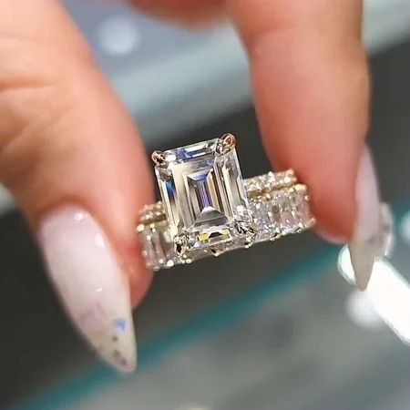 Smaragdschliff Diamantweiß Gelbgold Klassisch Ring-Sets aus 925er Sterlingsilber