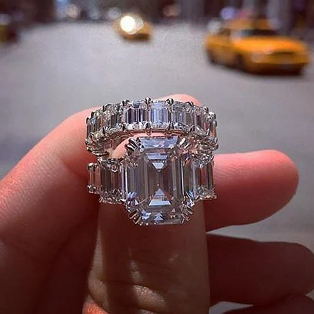 Smaragdschliff Diamantweiß 925er Sterlingsilber 3-Steine Brautset