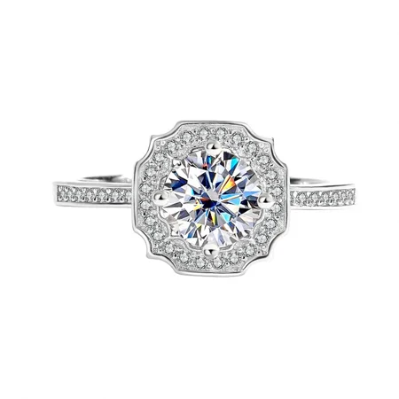 Rundschliff Moissanite Diamantweiß 925er Sterlingsilber Halo Verlobungsring