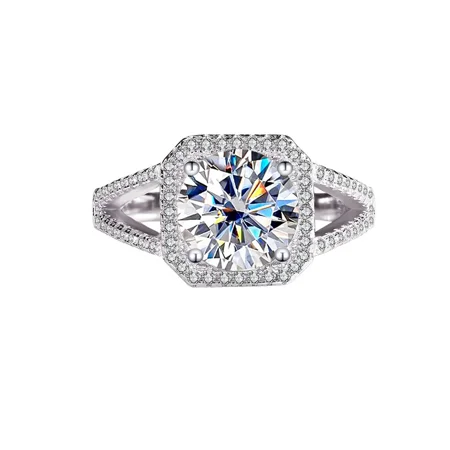 Rundschliff Moissanite Diamantweiß 925er Sterlingsilber Halo Verlobungsring