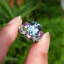 Smaragdschliff Aquamarine 925er Sterlingsilber 3-Steine Ring-Set