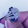 Ovalschnitt Diamantweiß Saphirblau 925er Sterlingsilber Einlege Halo Trauring-Set